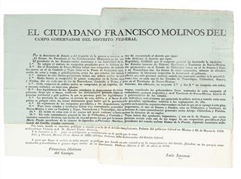(TEXAS.) Molinos del Campo, Francisco. Decree on the creation of frontier garrisons, including Texas, Arizona and New Mexico.